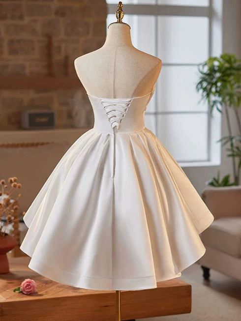 White Satin High Low Scoop Graduation Dress, White Satin Party Dress Formal Dress
